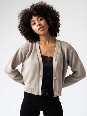 Rib Knit Crop Cardigan in Beige