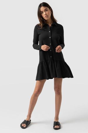 Jersey Ruffle Dress with Sleeves in Black