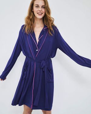 Robe/Dressing Gown in Navy with Pink Trim