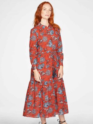Ellis Organic Cotton Printed Midi Shirt Dress in Spiced Orange