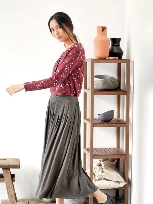 image of Carnock Tencel Pleated Midi Skirt in Walnut Grey