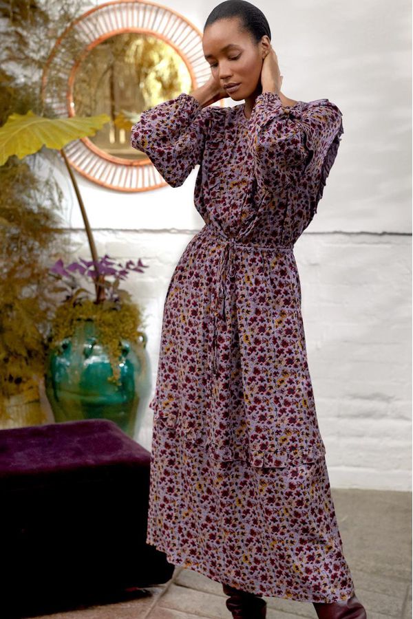 image of Tabitha Ecovero Floral Print Frill Maxi Dress in Amethyst Grey