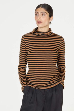 Lorellen Organic Cotton Striped Jersey Roll Neck Top in Toffee Brown