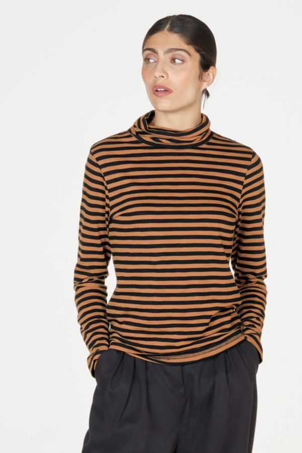 image of Lorellen Organic Cotton Striped Jersey Roll Neck Top in Toffee Brown