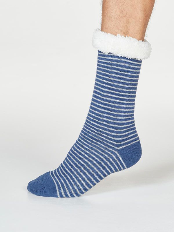 image of Blaise Stripe Organic Cotton Slipper Cabin Socks in Blue Slate