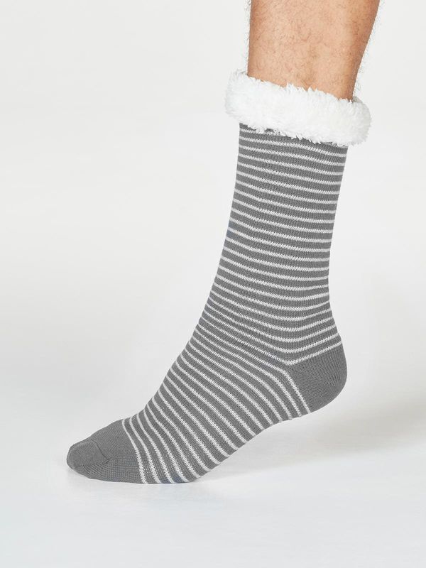 image of Blaise Stripe Organic Cotton Slipper Cabin Socks in Dark Grey Marle