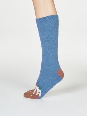 Ella Recycled Polyester Fuzzy Christmas Pudding Socks in Blue Slate