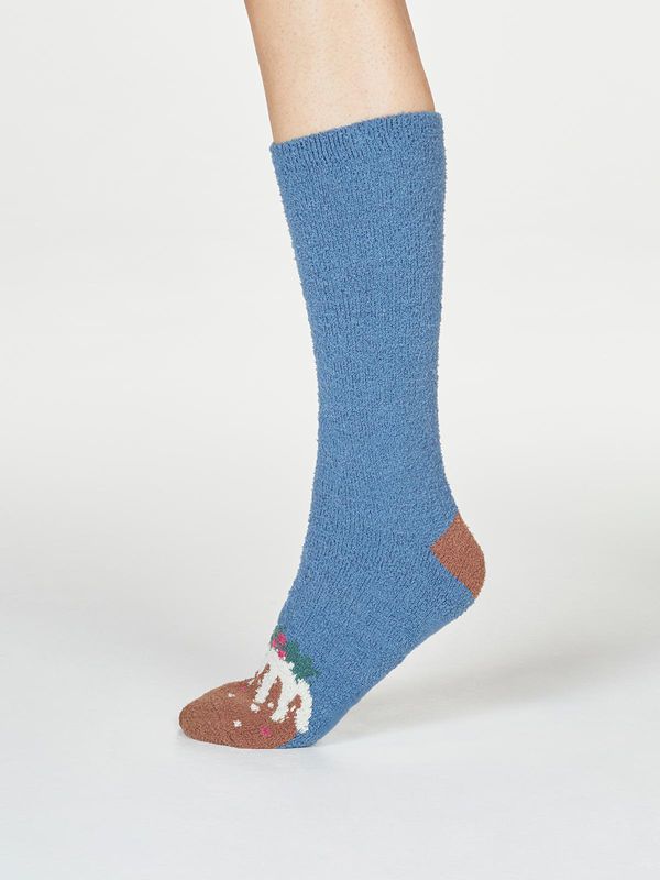 image of Ella Recycled Polyester Fuzzy Christmas Pudding Socks in Blue Slate
