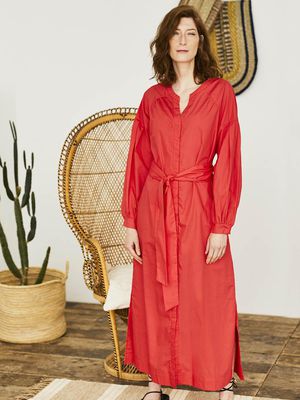 Willa Tie Waist Organic Cotton Poplin Dress in Paprika Red