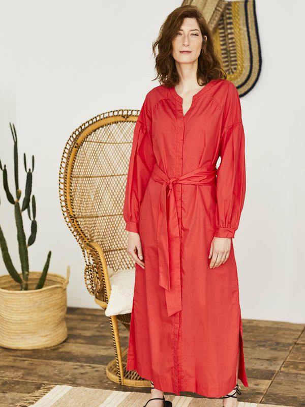 image of Willa Tie Waist Organic Cotton Poplin Dress in Paprika Red
