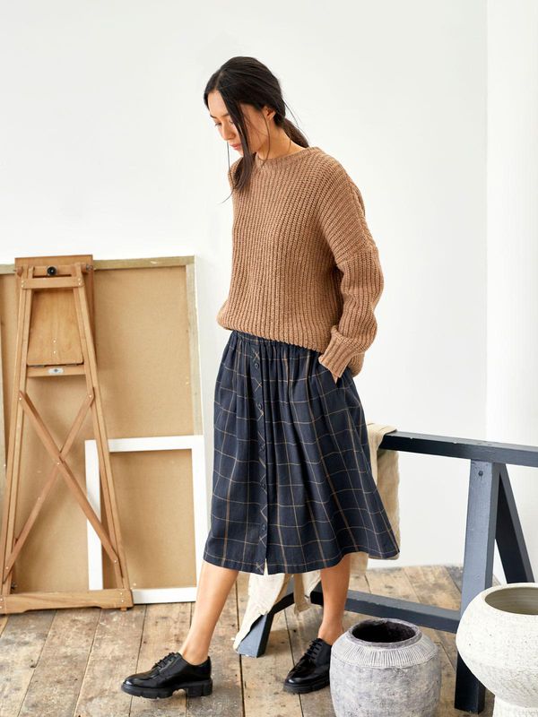 image of Murray Hemp Button Through Check Print Skirt With Pockets in Midnight Navy