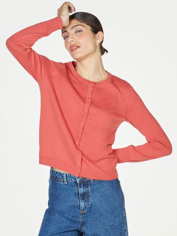 image of Pollie Organic Cotton Button Front Basic Cardigan in Persimmon Red