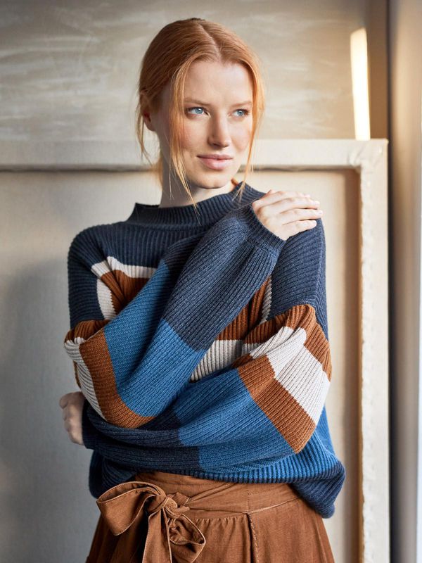 image of Rettie Organic Cotton Wool Balloon Sleeve Stripe Jumper in Navy