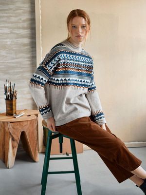 Delilah Fairisle Organic Cotton Wool Roll Neck Jumper in Vanilla Cream