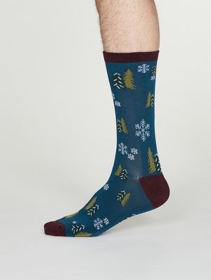 Timber Bamboo Christmas Tree Socks in Denim Blue