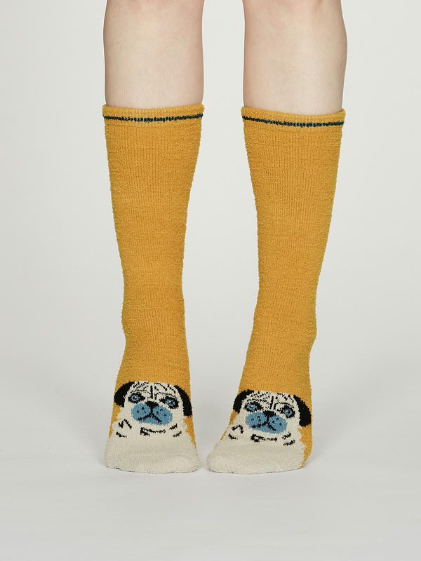 image of Rebecca Recycled Polyester Fuzzy Animal Socks in Mustard Yellow