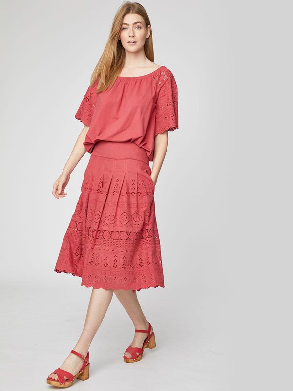 image of Briony Midi Length Embroidery Anglais Skirt in Hibiscus Red