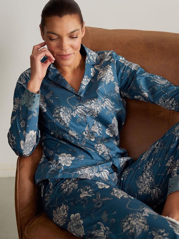 image of Ellis Organic Cotton Printed Pyjama Trousers in Teal Blue