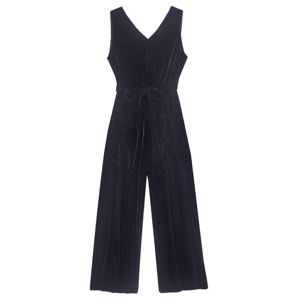 image of Veronica Recycled Polyester Velvet Comfortable Jumpsuit With Pockets in Black
