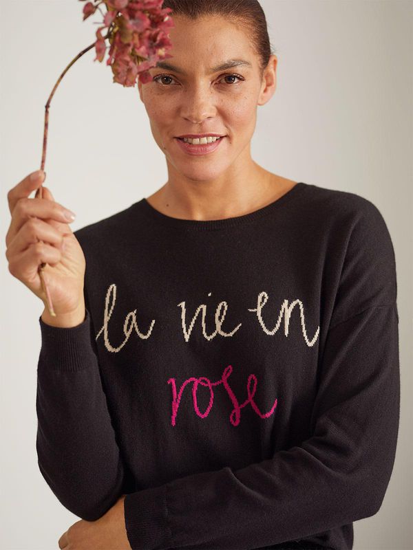 image of Lulu La Vie En Rose Slogan Organic Cotton & Wool Jumper in Black