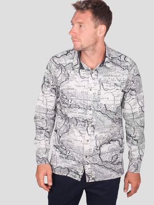 Cartographer Organic Cotton Long Sleeve Printed Shirt in Birch Grey