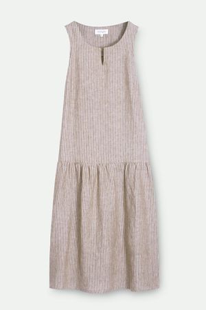 Isobel Yarn Dye Stripe Hemp Tiered Midi Dress in Cinnamon Brown