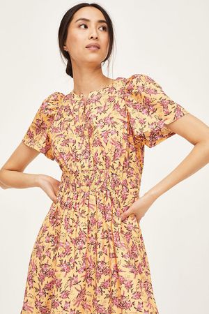 Marlett Organic Cotton Poplin Fit and Flare Midi Dress in Mango Yellow