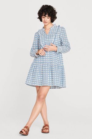 Carli Chambray Broderie Organic Cotton Dress in Chambray Blue