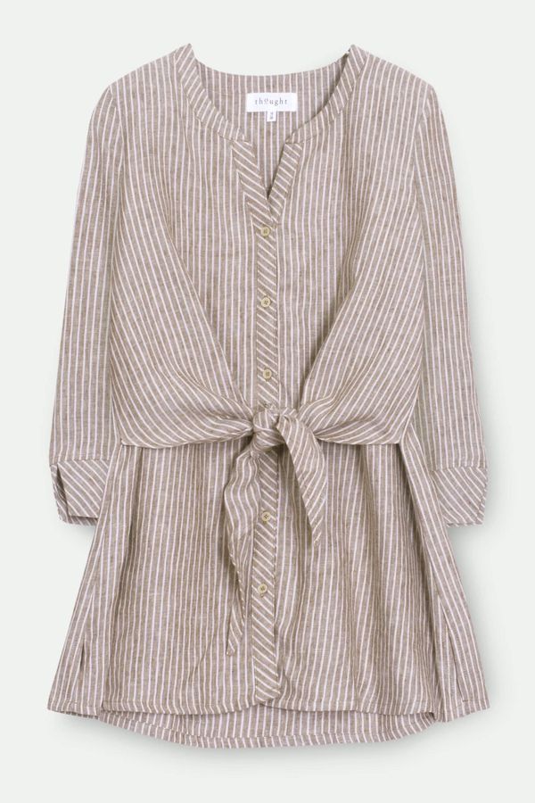 image of Isobel Hemp Yarn Dye Stripe Tie Front Shirt in Cinnamon Brown