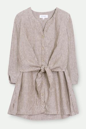 Isobel Hemp Yarn Dye Stripe Tie Front Shirt in Cinnamon Brown