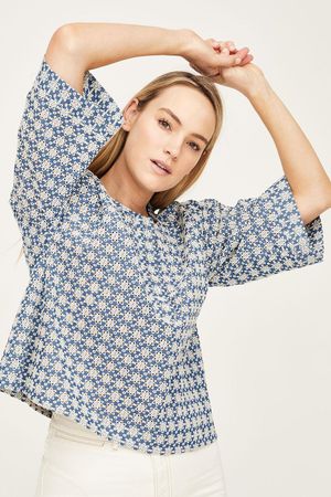 Carli Broderie Organic Cotton Top in Chambray Blue