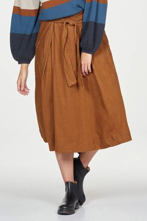 Poppie Organic Cotton Corduroy Utility Midi Skirt in Toffee Brown
