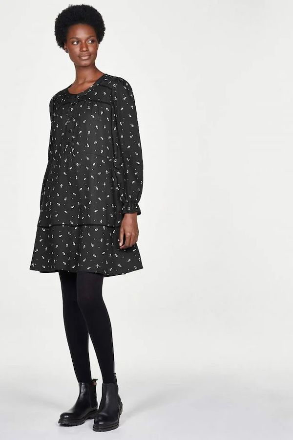 image of Arfino Tencel Crepe Spotty Fit and Flare Dress in Black
