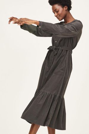 Murinda Corduroy Organic Cotton Midi Shirt Dress in Walnut Grey