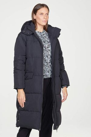 Elisha Recycled Polyester Long Puffer Coat With Hood in Black