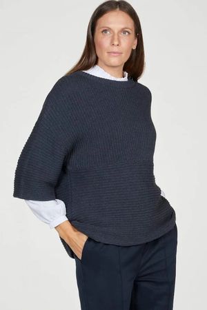 Runa Organic Cotton Wool Blend Boxy Funnel Neck Jumper in Navy