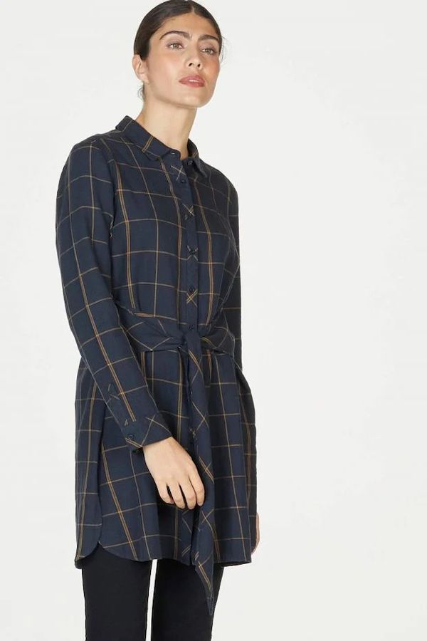 image of Carla Hemp Organic Cotton Tie Front Tunic Shirt Dress in Midnight Navy