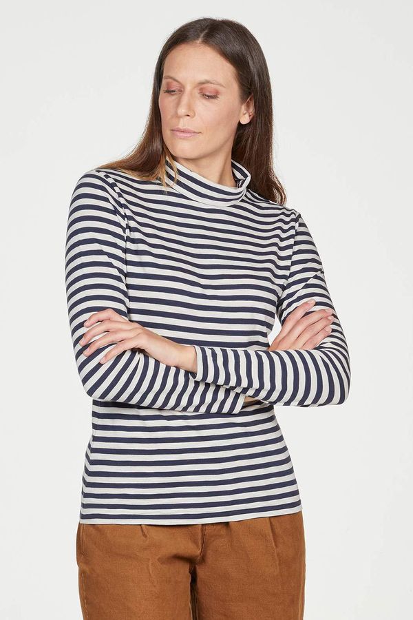 image of Lorellen Organic Cotton Striped Jersey Roll Neck Top in Birch Grey