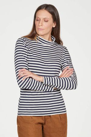 Lorellen Organic Cotton Striped Jersey Roll Neck Top in Birch Grey