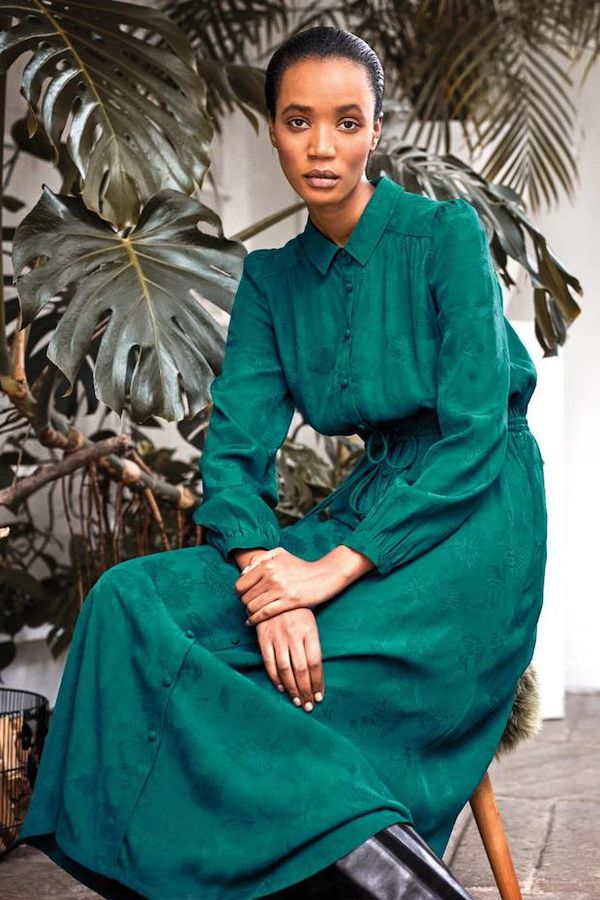 image of Edwina Ecovero Tie Front Jacquard Shirt Dress in Malachite Green