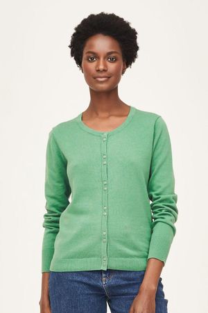 Pollie Organic Cotton Button Front Basic Cardigan in Foam Green