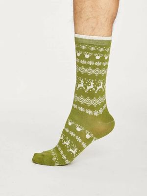 Reindeer Bamboo Socks in Olive