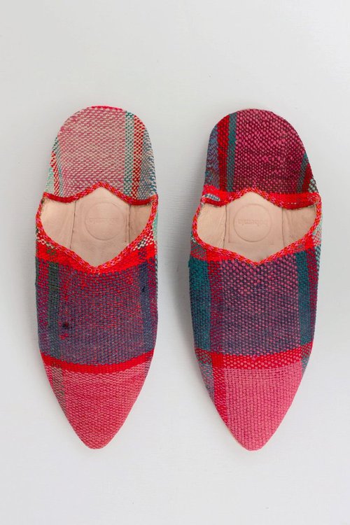 Babouche Boujad pointed slippers in pink and blue check