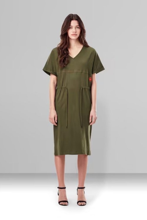 adjustable waist combat green organic cotton midi dress