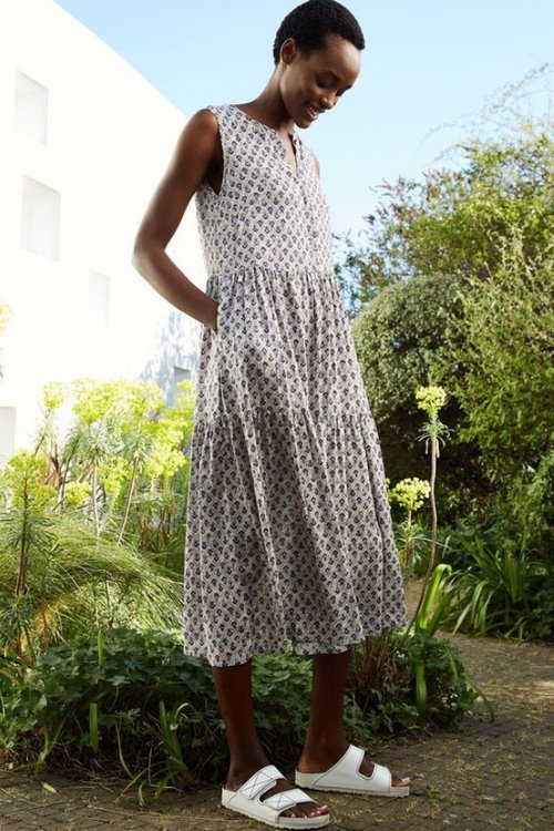 aphrodite vegan block print sleeveless eco viscose midi dress