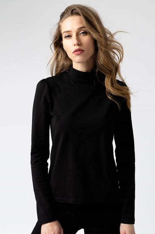 black organic cotton mock neck long sleeve top