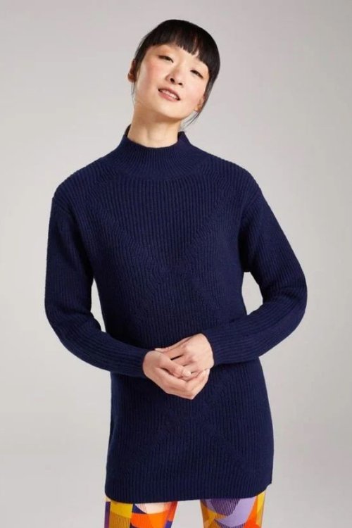 buttermere womens longline merino wool and bamboo jumper in navy marl