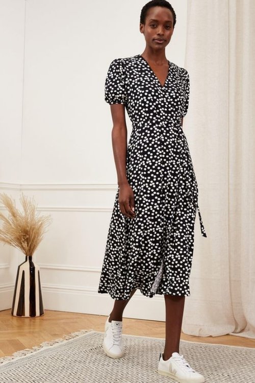 daniella vegan polka dot print black eco viscose short sleeve midi dress