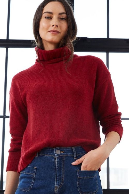 darcy womens eco cashmere roll neck jumper in deep red