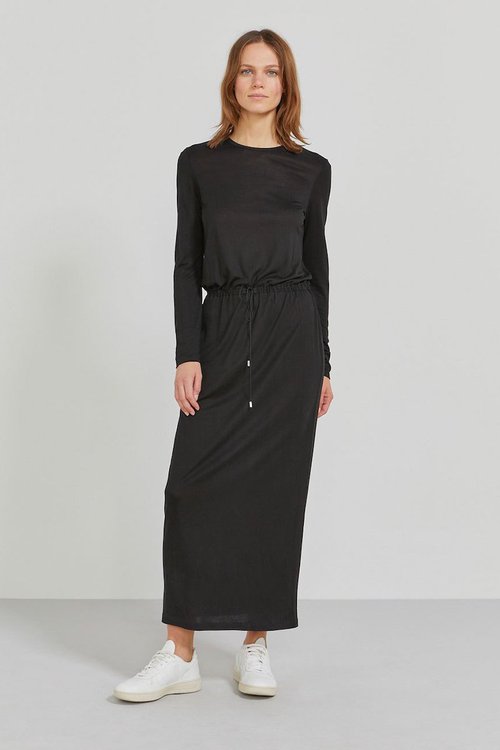 drawcord waist tencel maxi dress in black